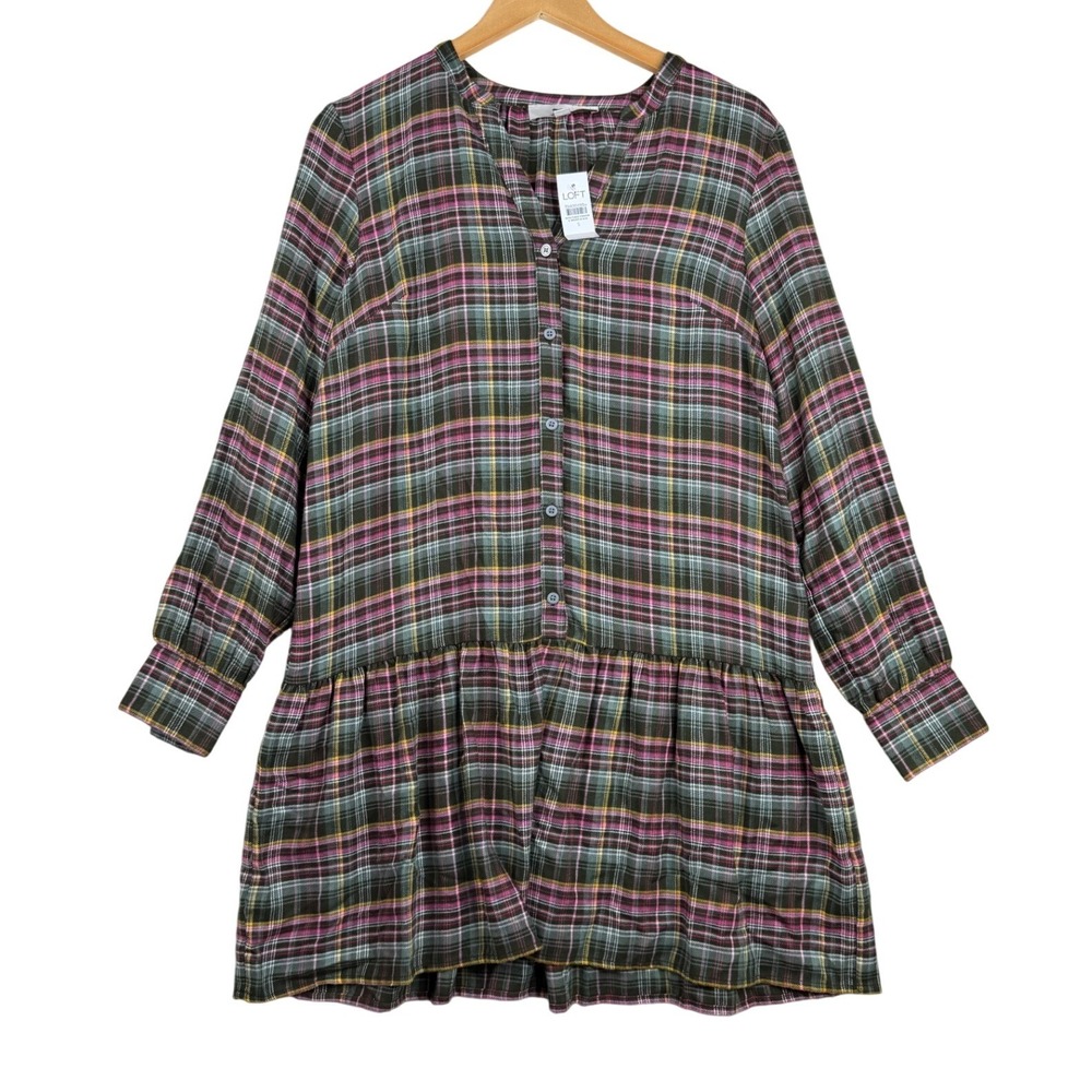 NWT Loft Plaid Flounce Flannel Long Sleeve Shirt Dress size Small Green/Pink